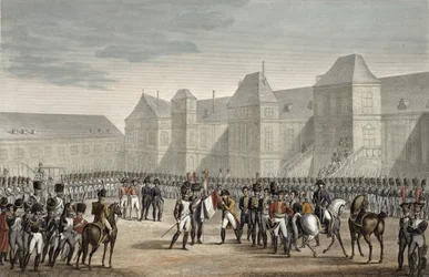 Abdykacja Napoleona i jego wyjazd z Fontainebleau na wyspę Elba, 20 kwietnia 1814, ryty przez Francois Pigeota (ur. 1775) (akwatinta)